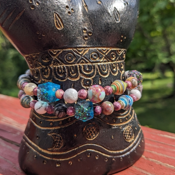 Hand Crafted Jewelry - Jasper Energy Bracelet Handmade Colorful Cute Rainbow Upcycled Paper Beads